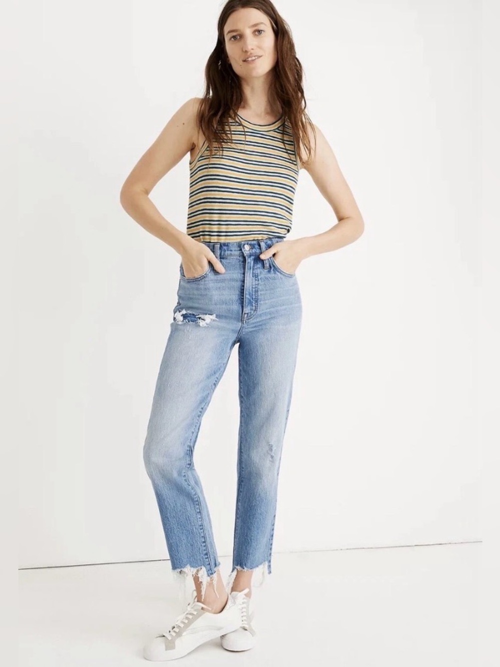 Madewell Petite Classic Straight Distressed High-Rise Jeans Size 29 Medium Wash